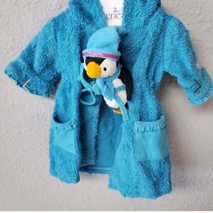 American Girl Doll Blue Hooded Bathrobe with Plush penguin retired 2010